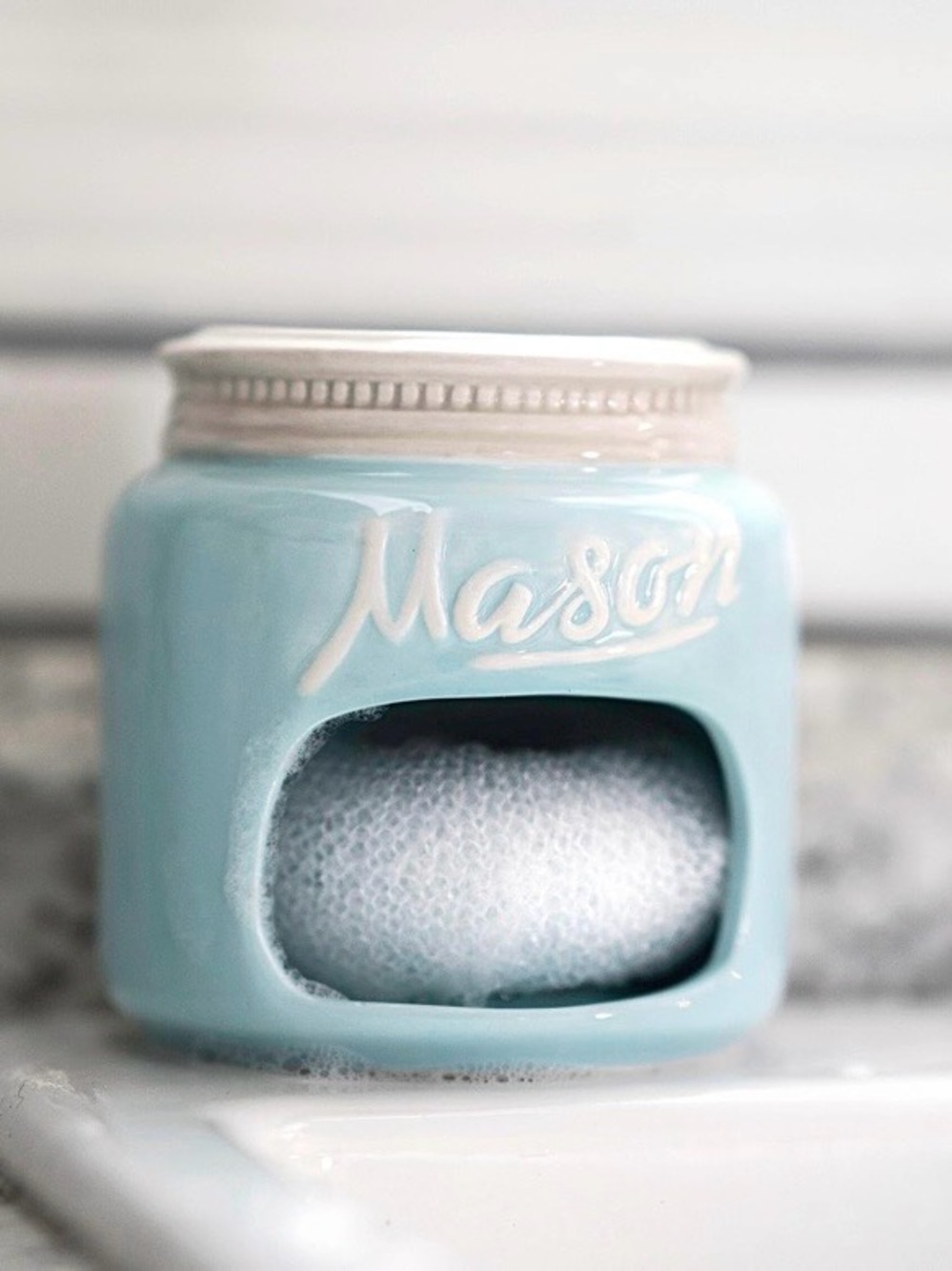 🫙Blue Ceramic Mason Jar  Sponge Holder